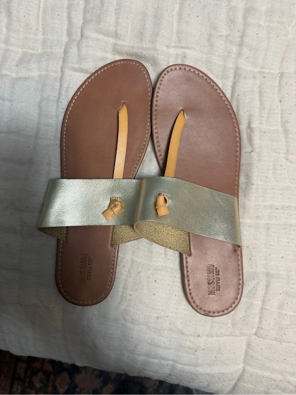 Women's Metallic Gold Leather Toe-Loop Slide Sandals